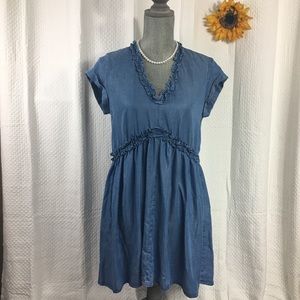 Zara Chambray Denim Mini Ruffle Dress. Size XS